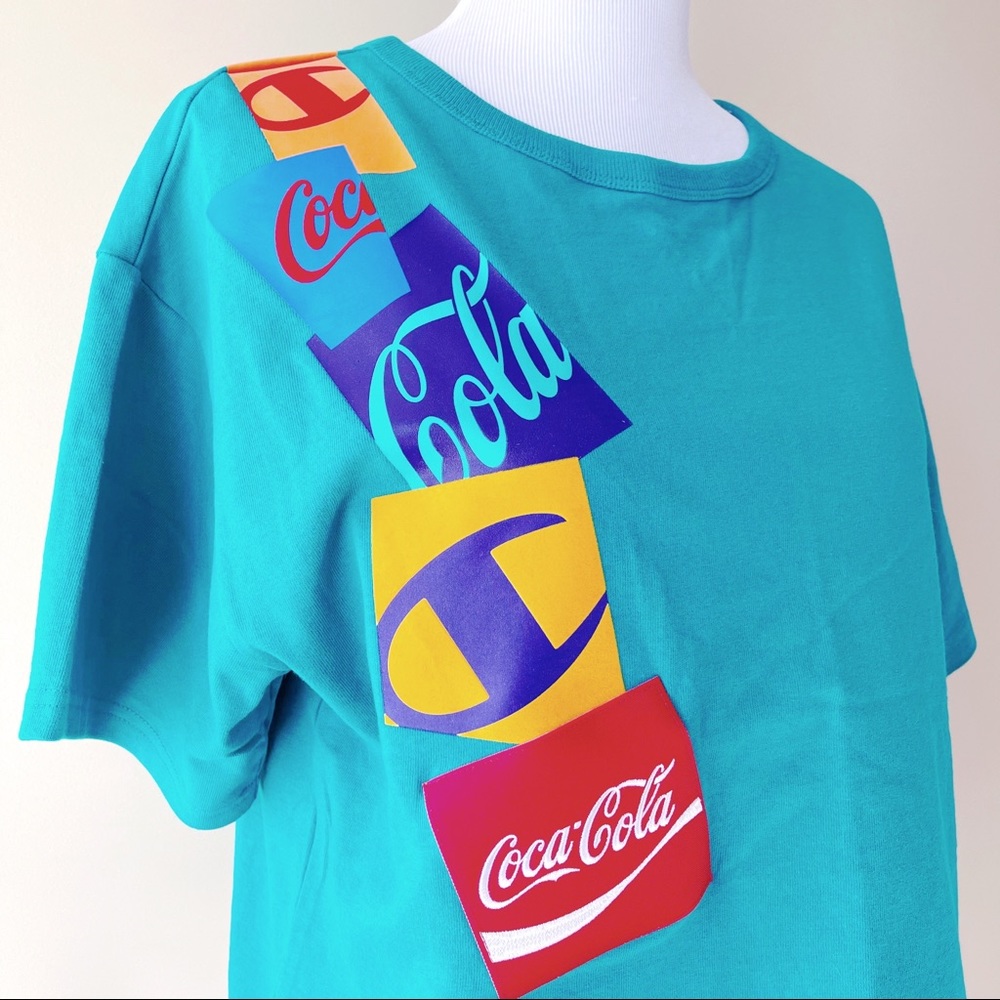 Champion Coca-Cola Soda Pop Art Crop Top Shirt Teal Green Womens Size Large - Picture 2 of 6